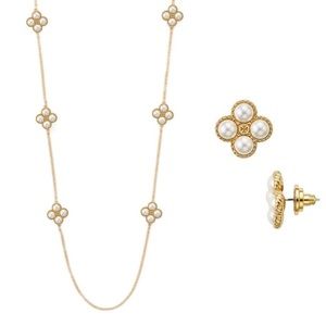 Tory Burch Gold Rope Clover pearl logo necklace and earrings Set